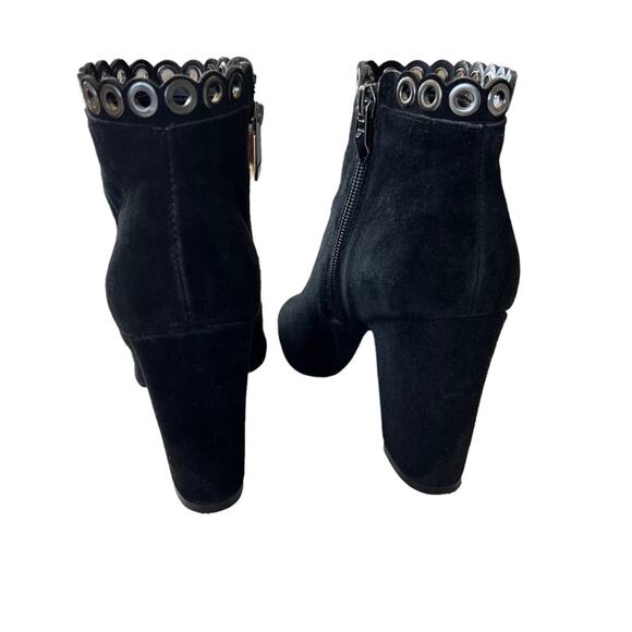 Fergie Women 6. 5 Bootie Jackie Ankle Moto Black Suede Peep toe Metal Accent Zip - Picture 5 of 10